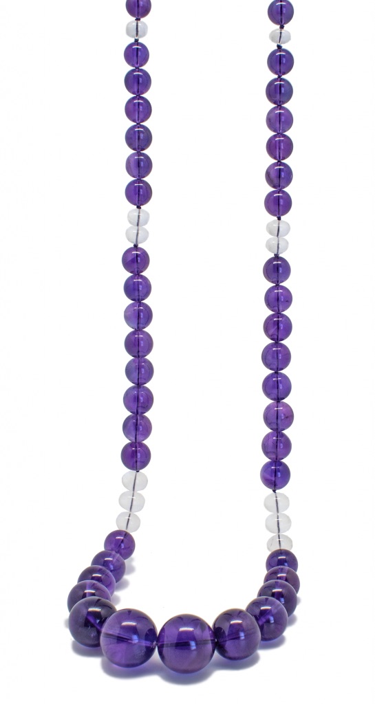 Amethyst and White Beryl gemstone necklace with white background