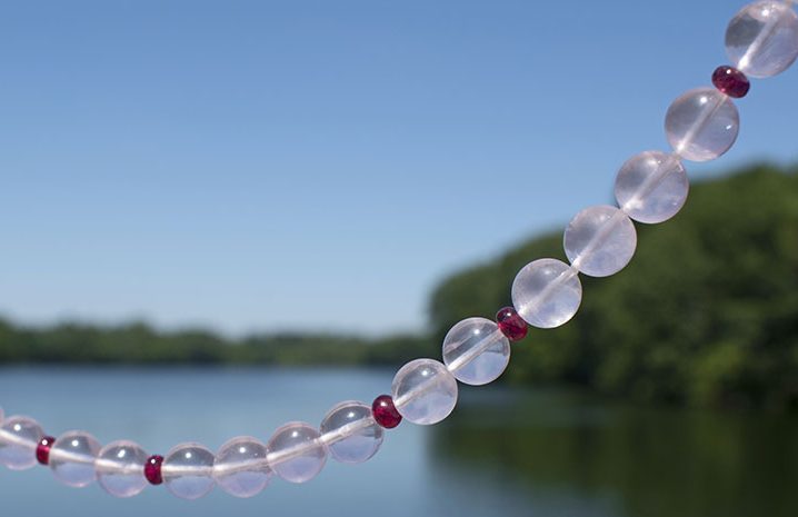 Rose Quartz & Red Spinel gemstone necklace by lake