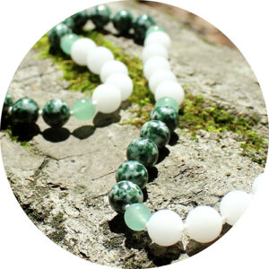My Ally, Tree Agate, Light Green Aventurine and White Quartz healing necklace on rock